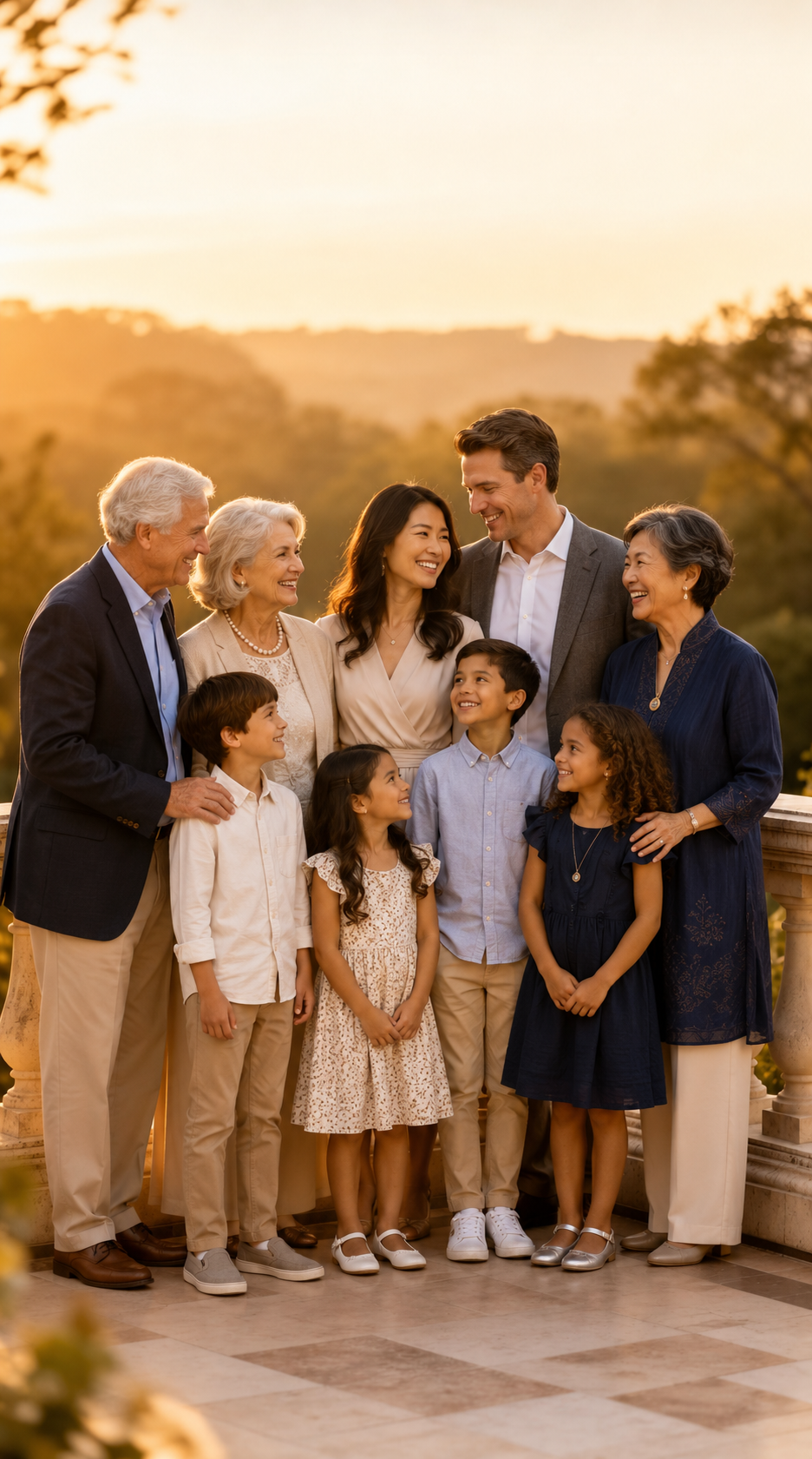 An elegant multi-generational family gathering on a terrace at golden hour