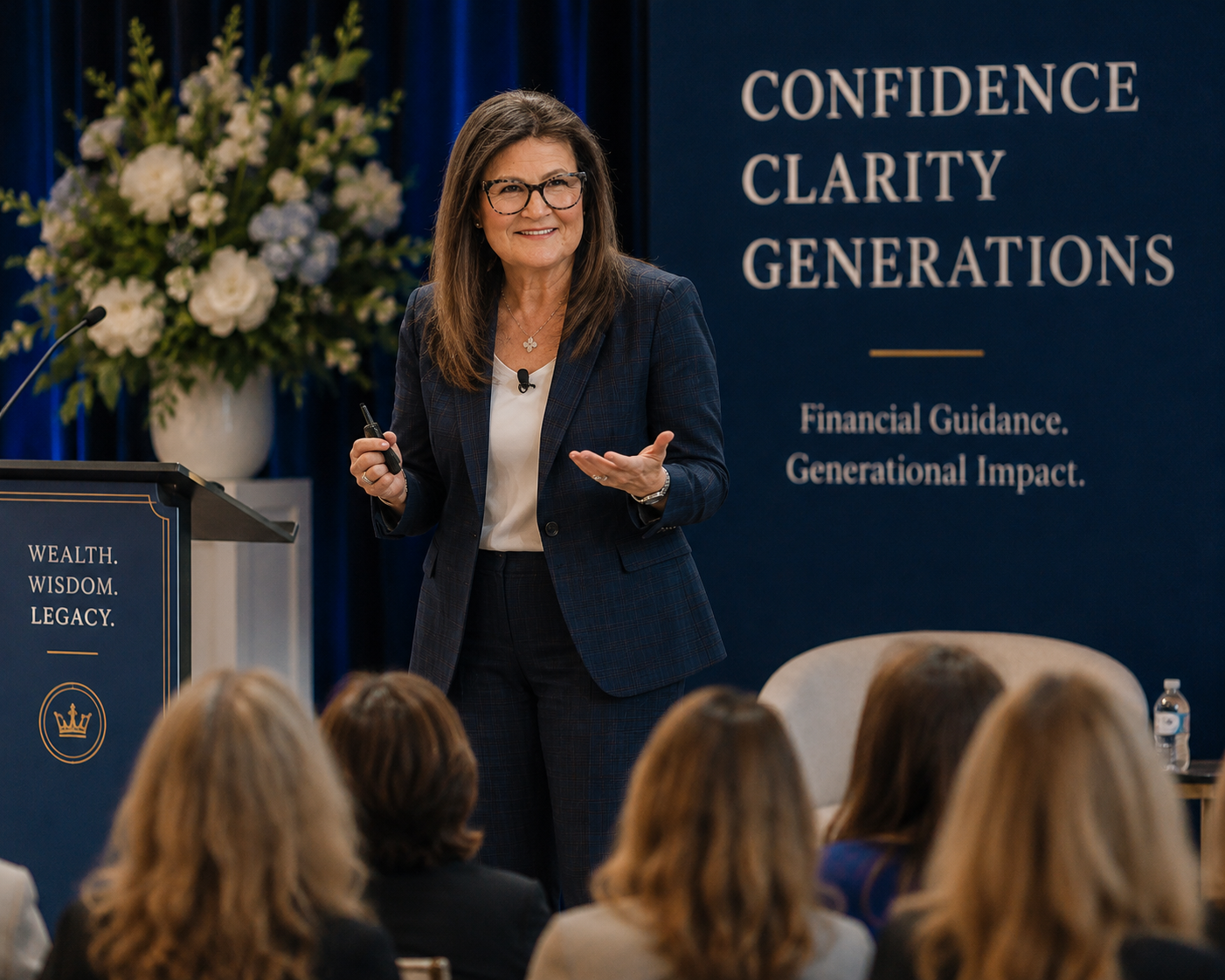 Crystal Langdon speaking at a Wealth, Wisdom & Legacy event