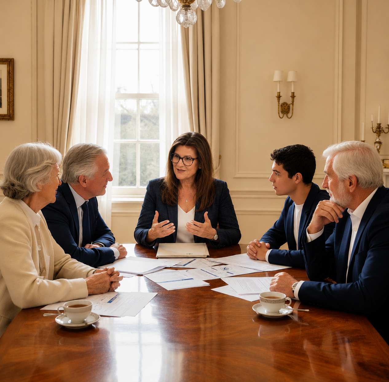 An intimate family roundtable in a refined private setting