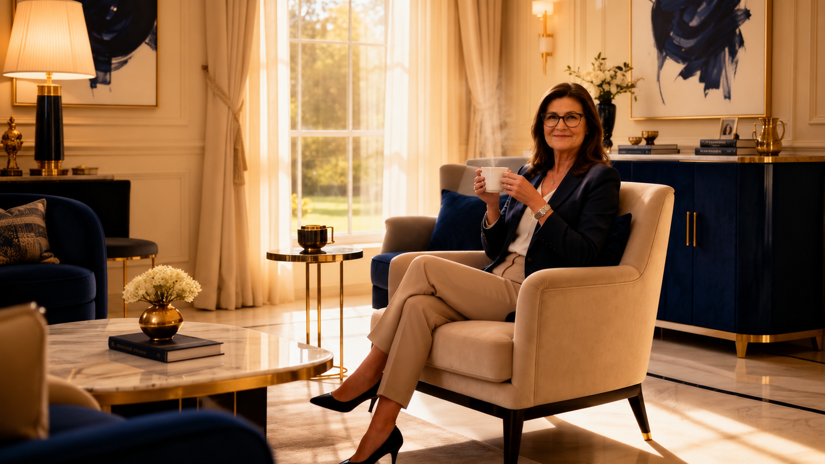 An elegant woman enjoying a quiet, confident morning in her beautiful home