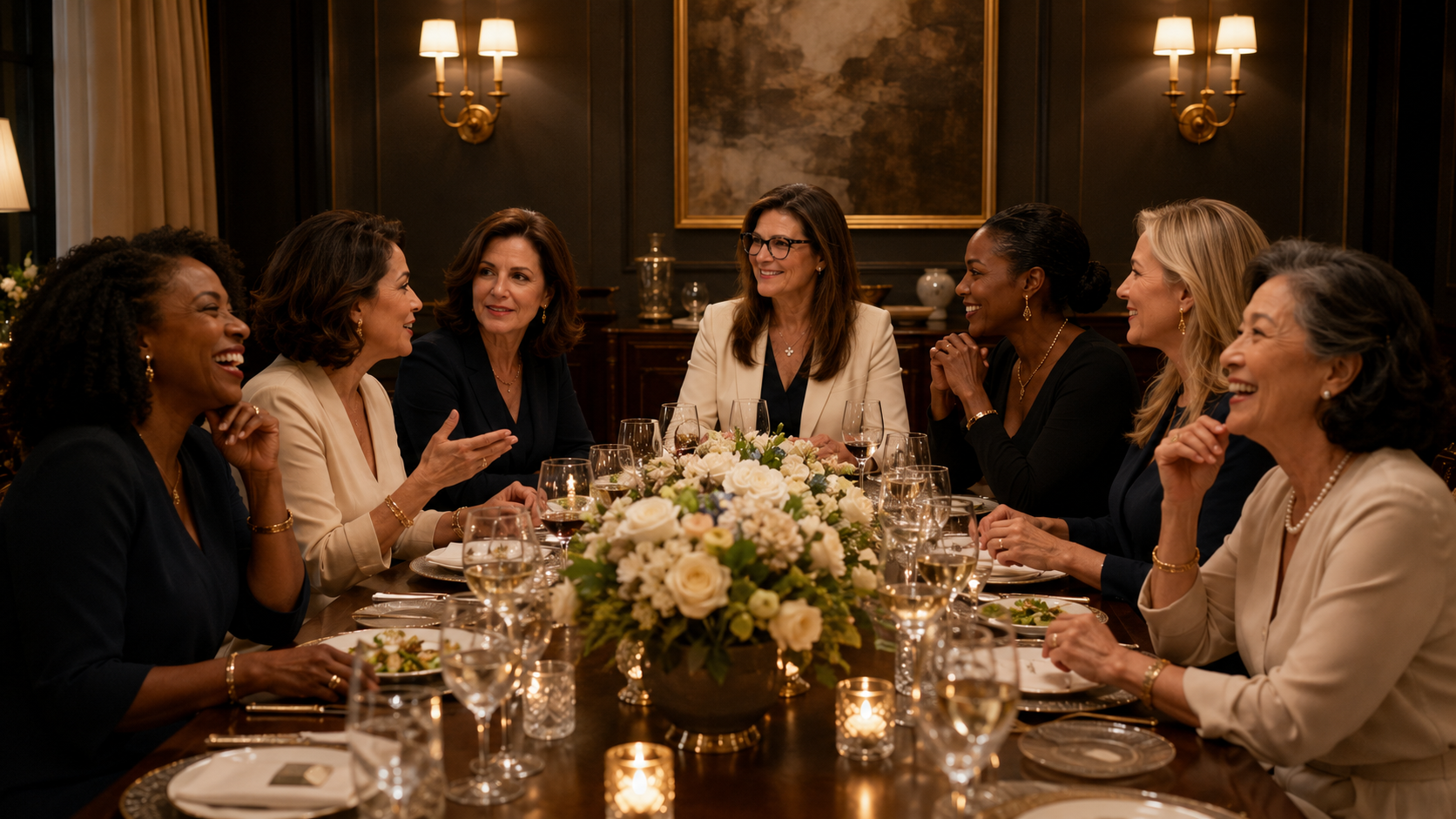 An elegant private women's roundtable dinner in a refined dining room